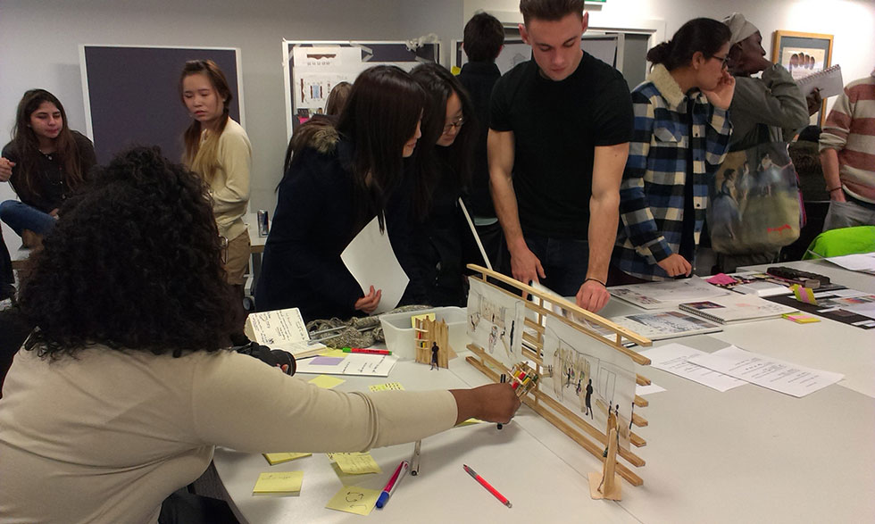 BA Spatial Design students from London College of Communication engaging the college student community in a feedback session for the redesign of a sustainability-themed library space.